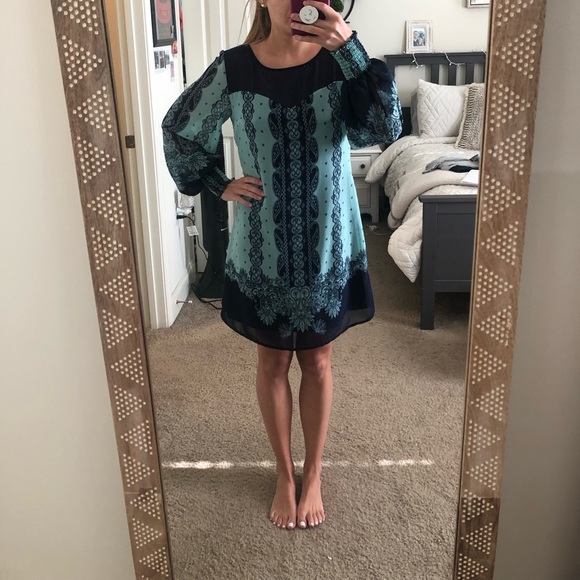 Navy and Green Long Sleeve Dress - Picture 1 of 4